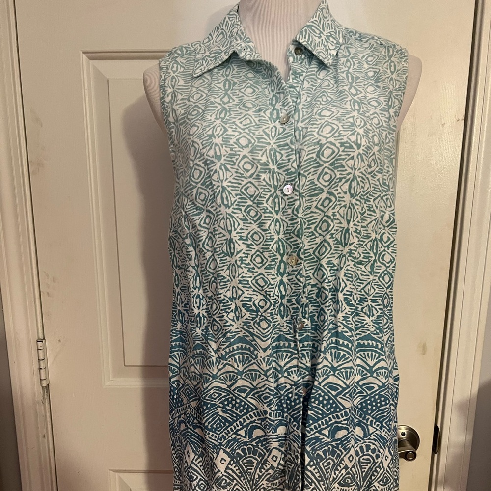 Sleeveless tribal print turquoise and tan tunic Chico’s 2 linen